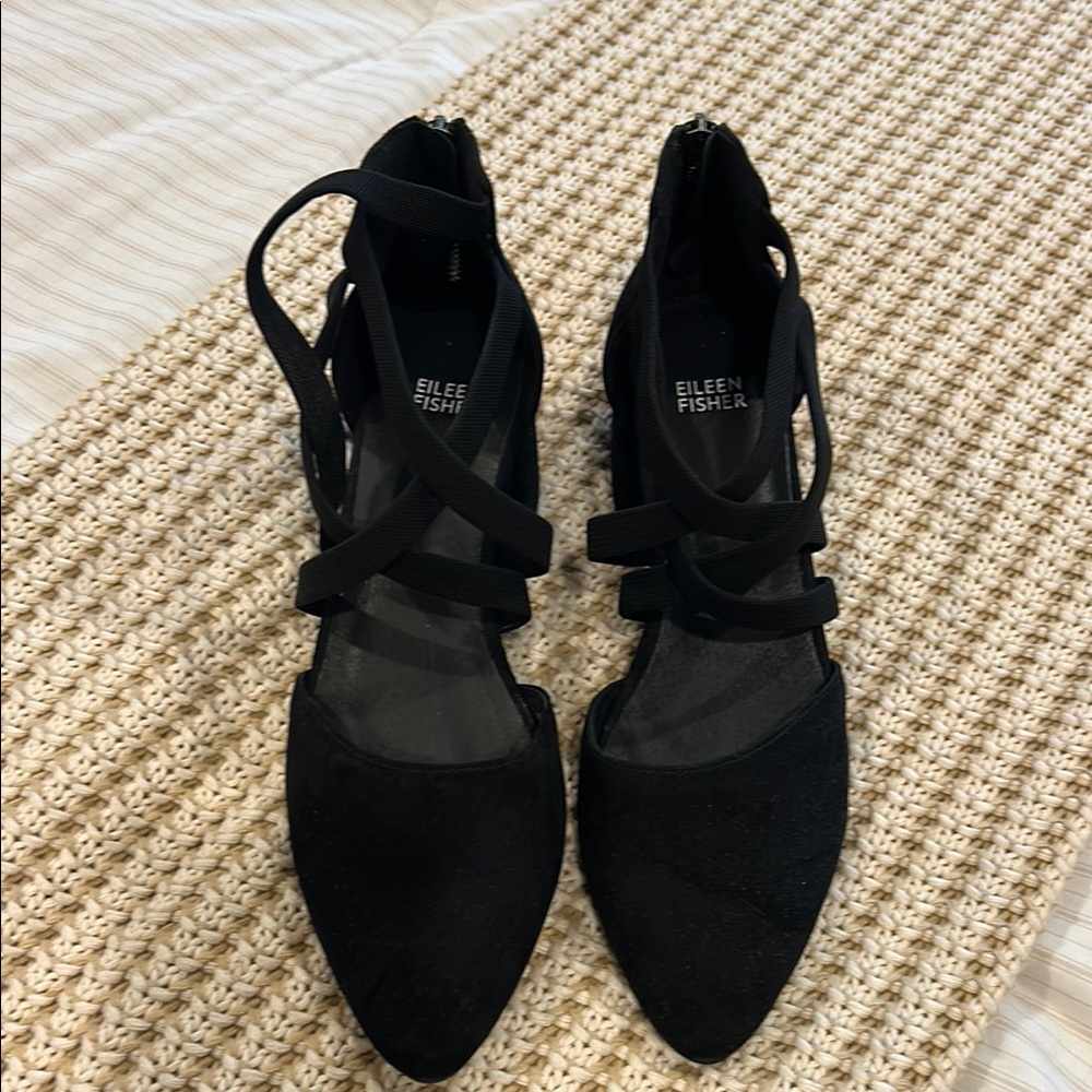 Eileen Fisher Black Suede Heels with Strappy Design